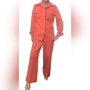 Vintage 1970s Butte Knit Orange Pantsuit Two Piece Set Mod Retro Wide Leg Blazer